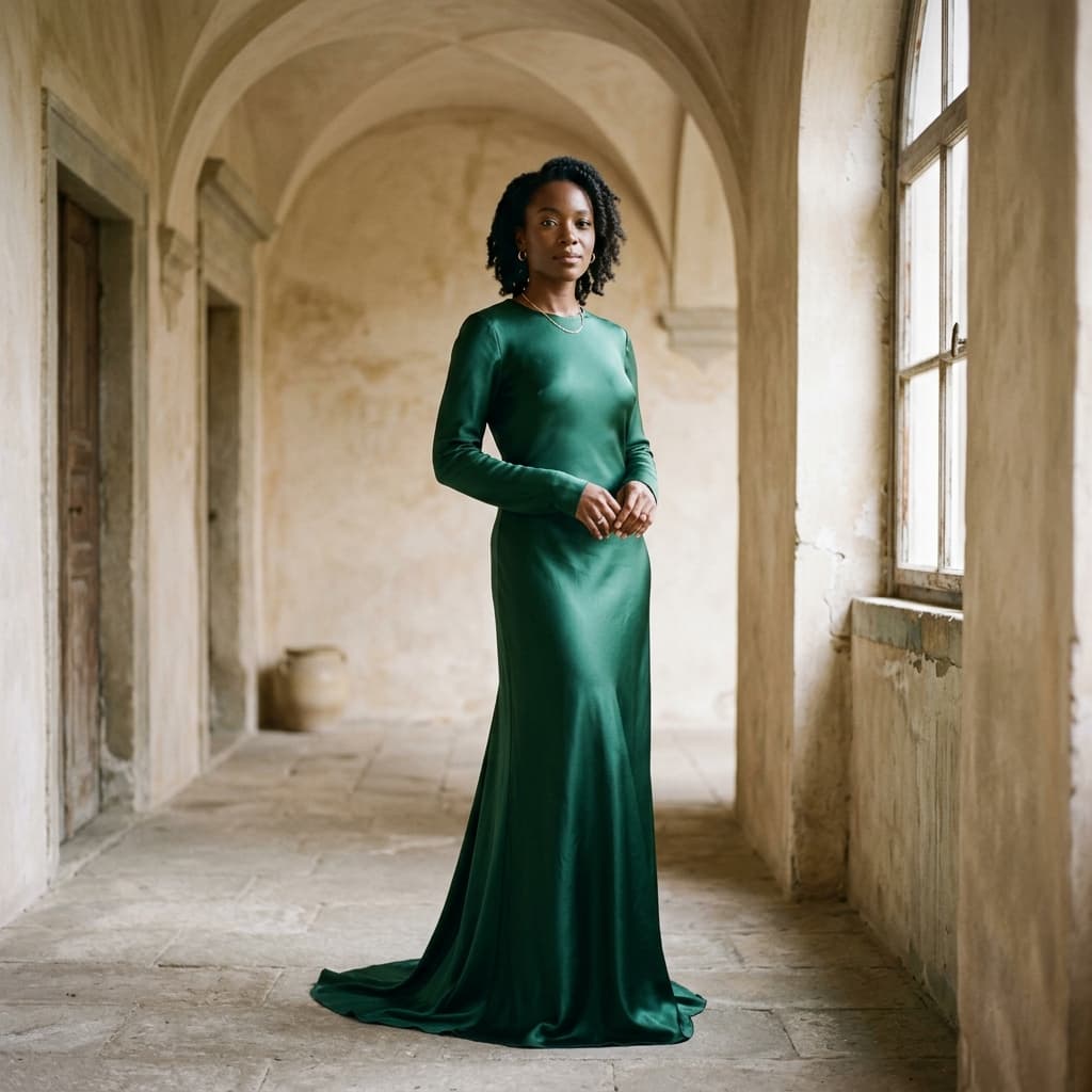 A model wearing a Cladaura floor-length satin maxi dress in an arched architectural space